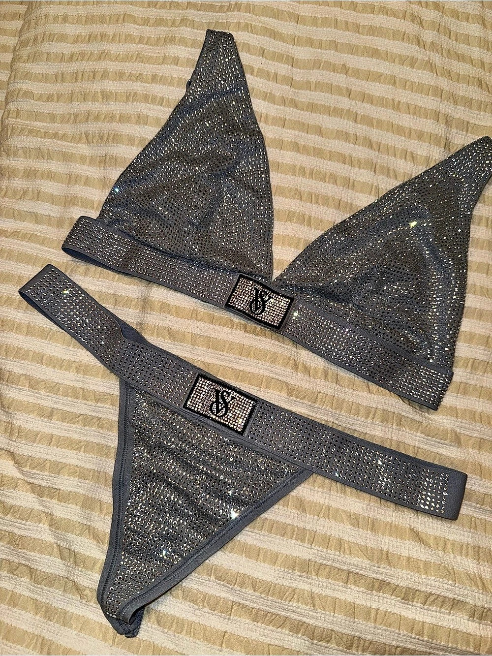 Victoria's Secret Shine Gems Triangle Bra Top and Thong Bottom Set Gray S - NOWT